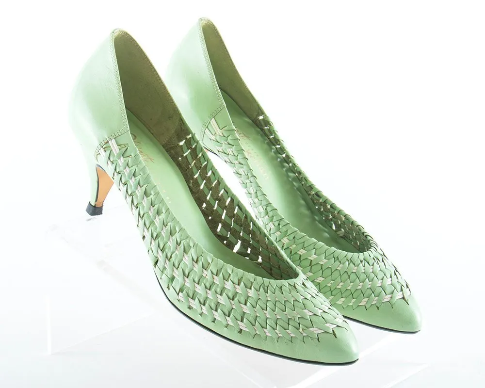 1980s Woven Leather Mint Green Heels | size 10