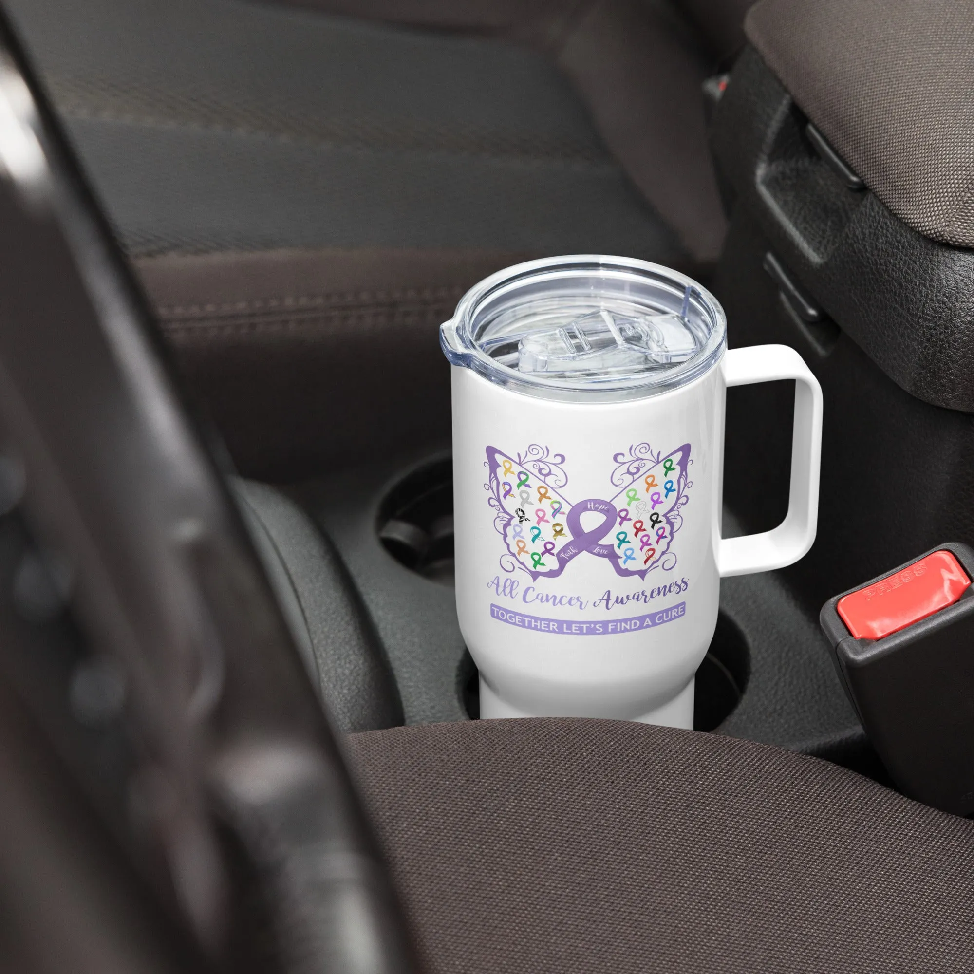 All Cancer Awareness Filigree Butterfly Tall Travel Mug with a Handle (Dual-Sided Design)