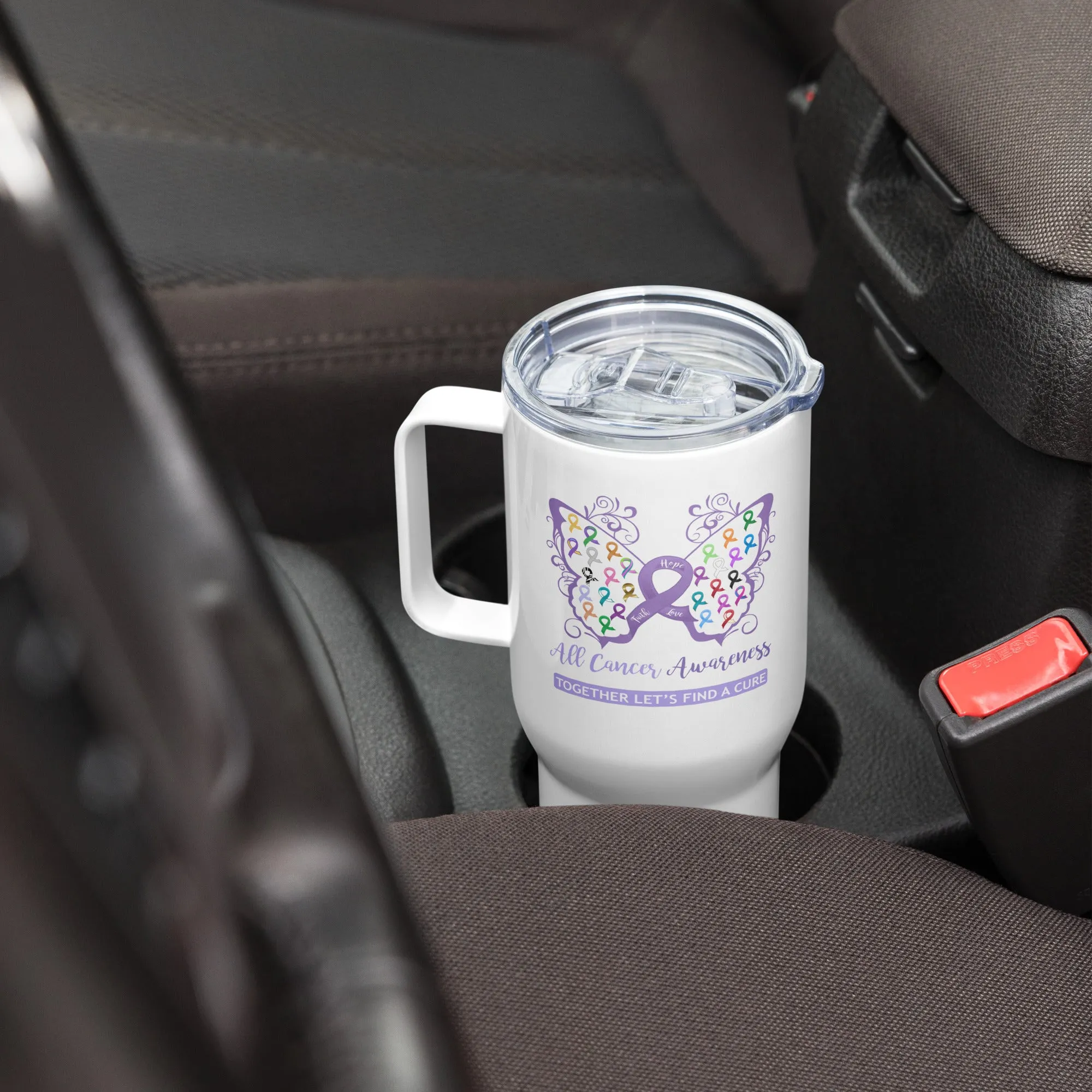 All Cancer Awareness Filigree Butterfly Tall Travel Mug with a Handle (Dual-Sided Design)