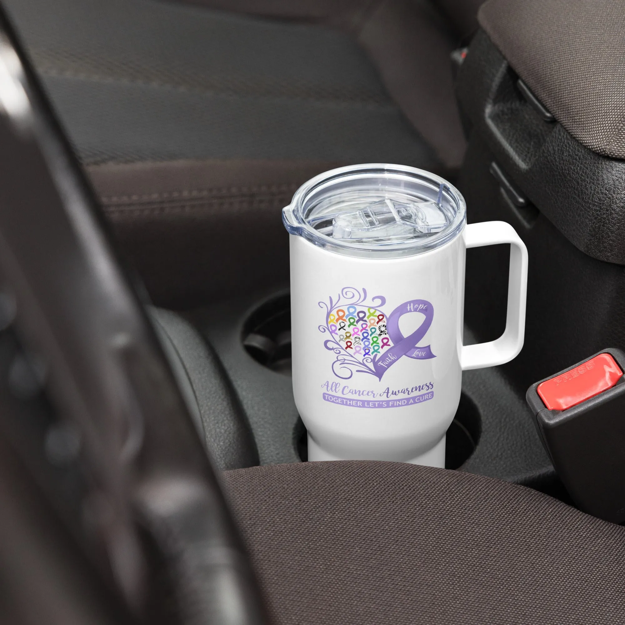 All Cancer Awareness Heart Travel mug with a Handle (Dual-Sided Design)