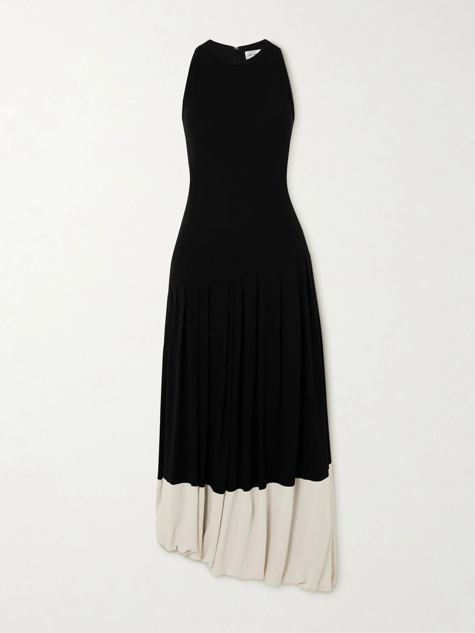 Asymmetric two-tone gathered stretch-jersey midi dress