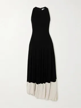 Asymmetric two-tone gathered stretch-jersey midi dress