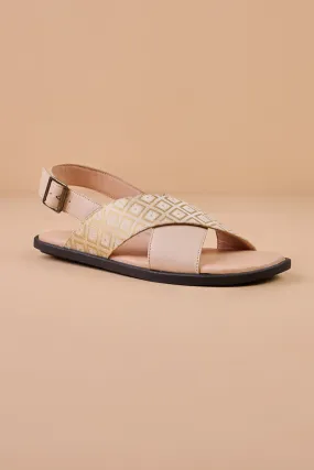 Beige Slingback Sandals With Brocade Detailing