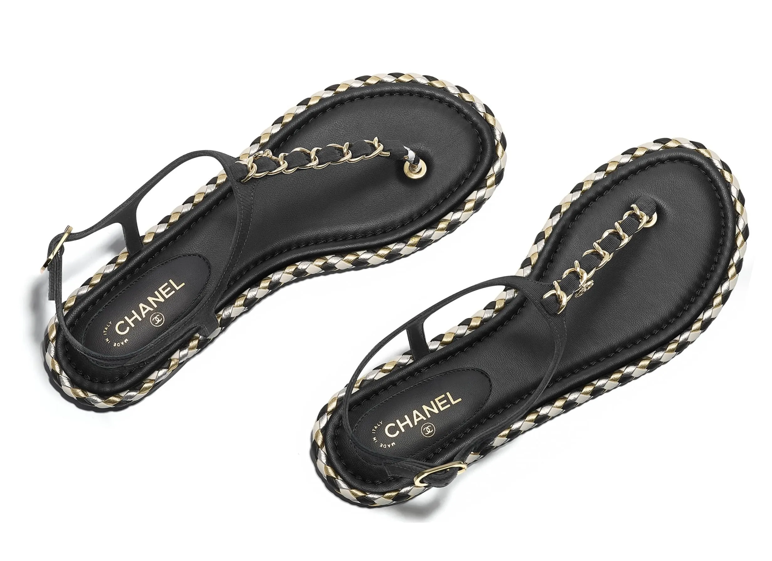 Black Grosgrain Embellished Sandals with Metallic Braiding