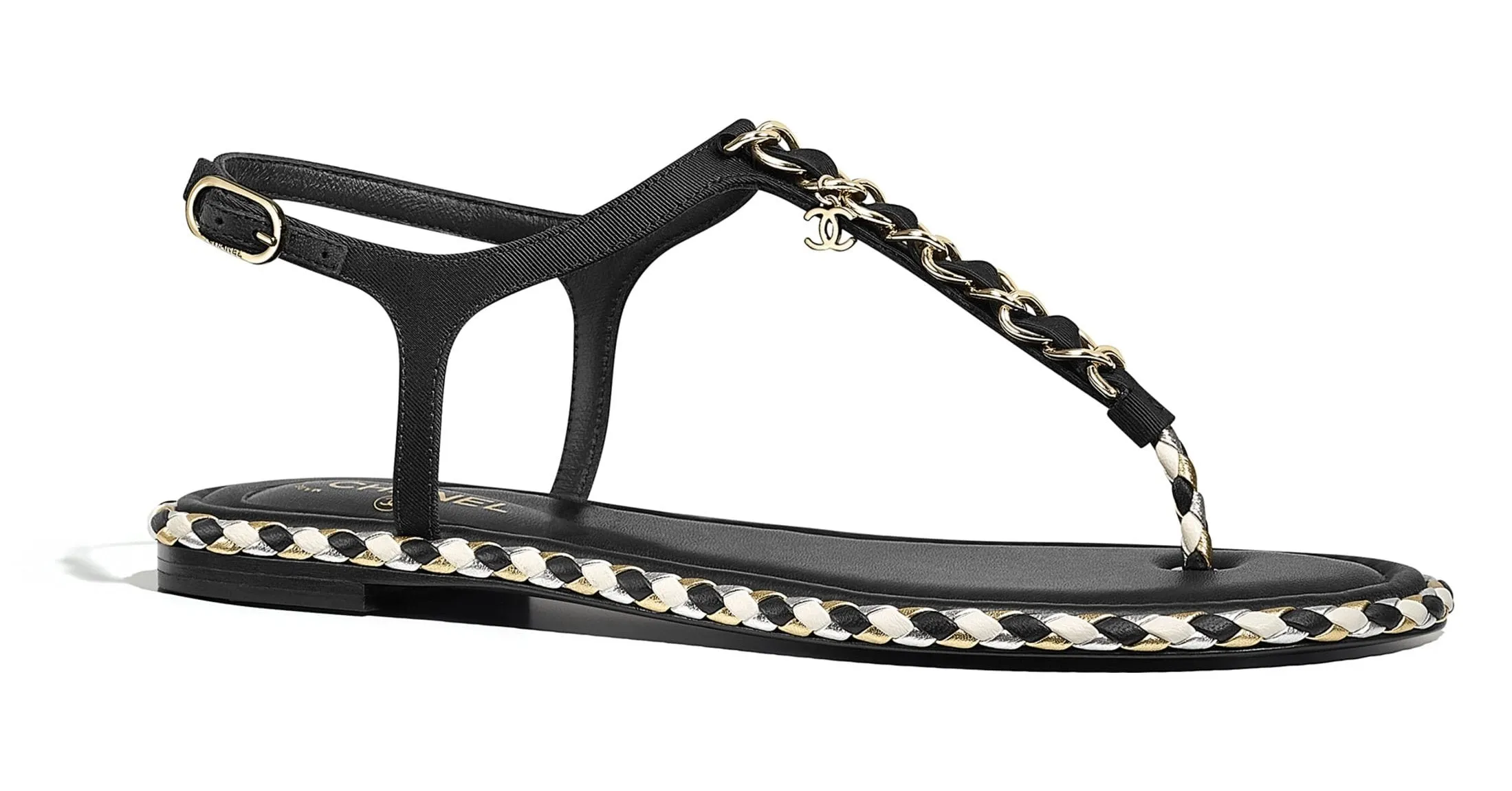 Black Grosgrain Embellished Sandals with Metallic Braiding