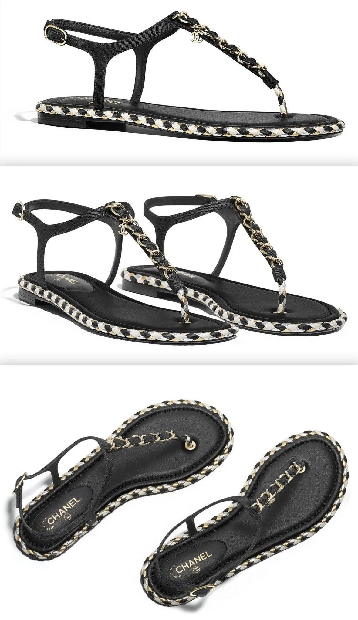 Black Grosgrain Embellished Sandals with Metallic Braiding