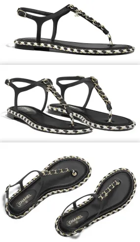 Black Grosgrain Embellished Sandals with Metallic Braiding