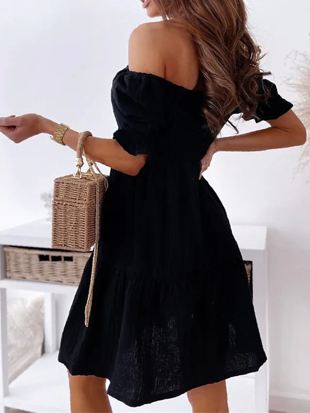 Casual Dress Swing Dress White Dress Mini Dress Black White Beige Short Sleeve Pure Color Ruched Spring Summer Off Shoulder Casual Weekend  S M L XL for Women