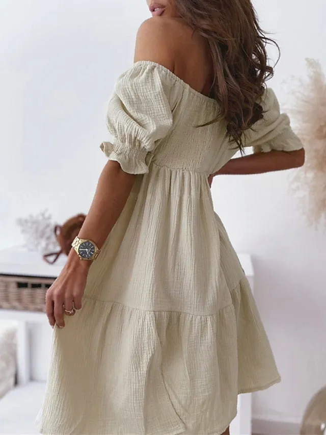 Casual Dress Swing Dress White Dress Mini Dress Black White Beige Short Sleeve Pure Color Ruched Spring Summer Off Shoulder Casual Weekend  S M L XL for Women