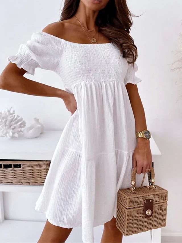 Casual Dress Swing Dress White Dress Mini Dress Black White Beige Short Sleeve Pure Color Ruched Spring Summer Off Shoulder Casual Weekend  S M L XL for Women