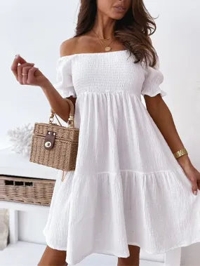 Casual Dress Swing Dress White Dress Mini Dress Black White Beige Short Sleeve Pure Color Ruched Spring Summer Off Shoulder Casual Weekend  S M L XL for Women