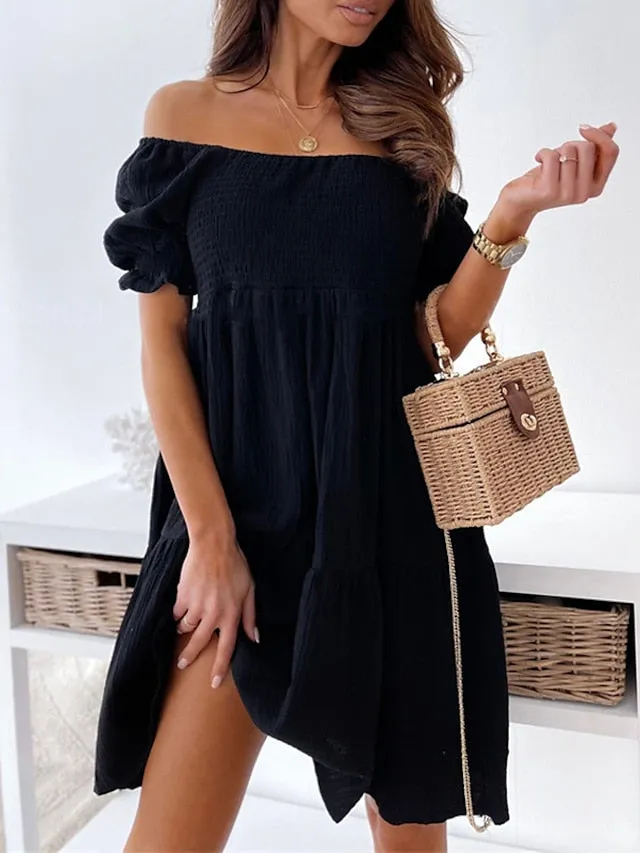 Casual Dress Swing Dress White Dress Mini Dress Black White Beige Short Sleeve Pure Color Ruched Spring Summer Off Shoulder Casual Weekend  S M L XL for Women