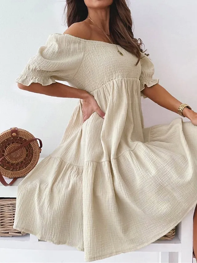 Casual Dress Swing Dress White Dress Mini Dress Black White Beige Short Sleeve Pure Color Ruched Spring Summer Off Shoulder Casual Weekend  S M L XL for Women