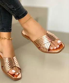 Chic Rose Gold Splicing Faux Leather Plus Size Slide Sandals LY2683