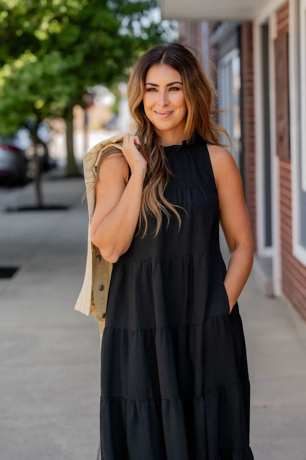 Cinched Neck Tiered Maxi Dress