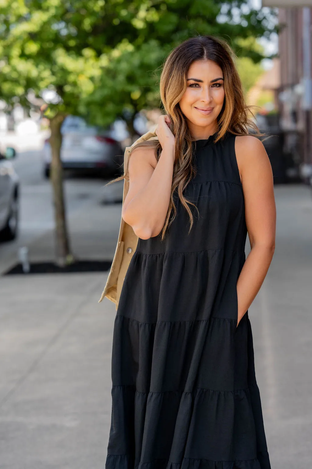 Cinched Neck Tiered Maxi Dress
