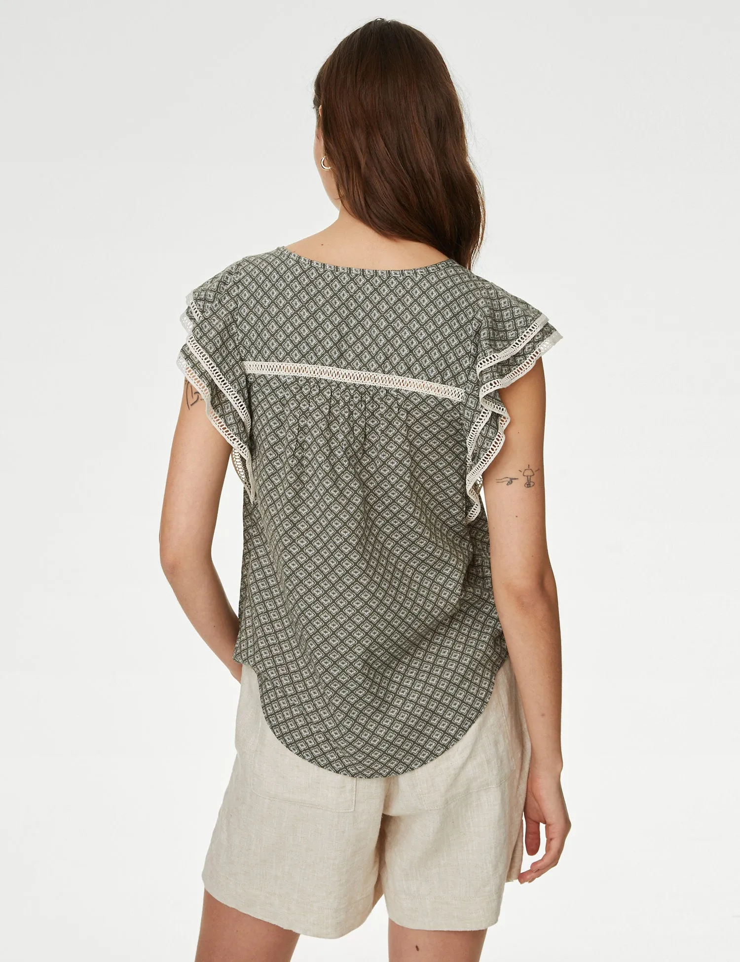 Cotton Blend Printed Tie Neck Blouse