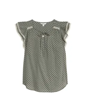 Cotton Blend Printed Tie Neck Blouse