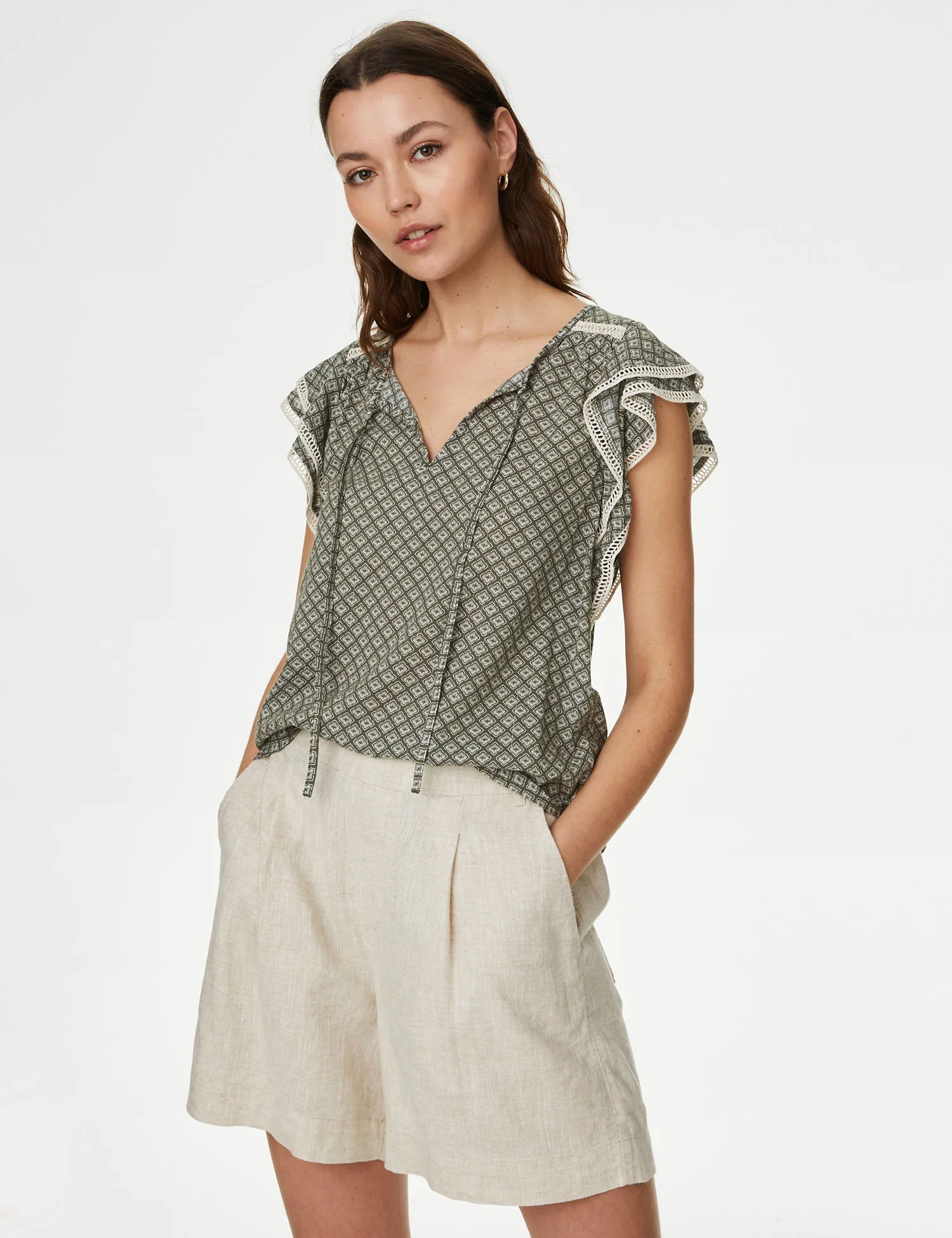 Cotton Blend Printed Tie Neck Blouse