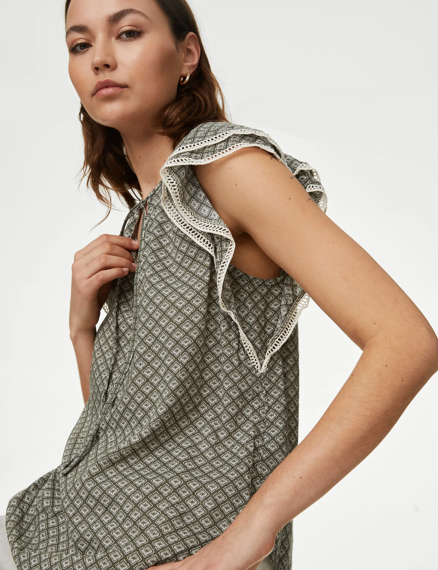 Cotton Blend Printed Tie Neck Blouse