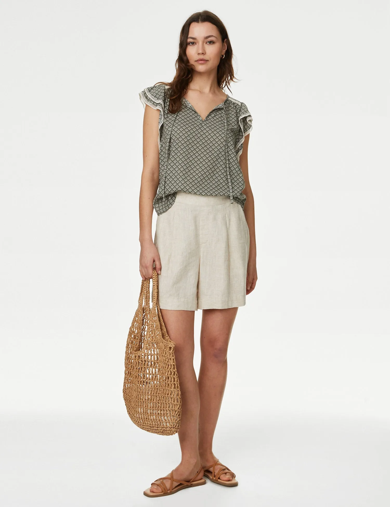Cotton Blend Printed Tie Neck Blouse