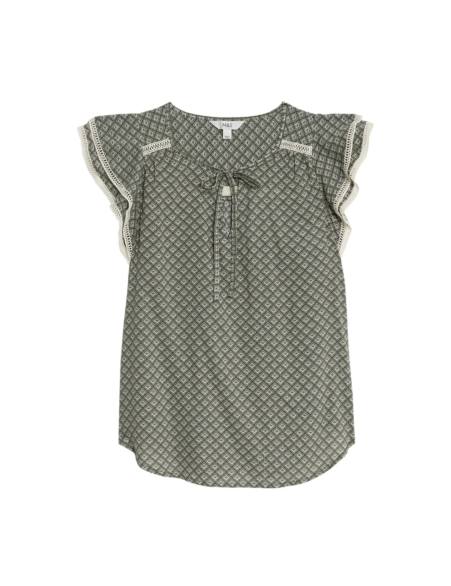 Cotton Blend Printed Tie Neck Blouse