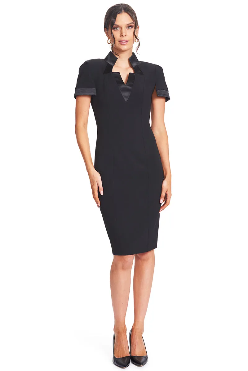 Elegant Notch Neck Midi Sheath Dress with Satin Details