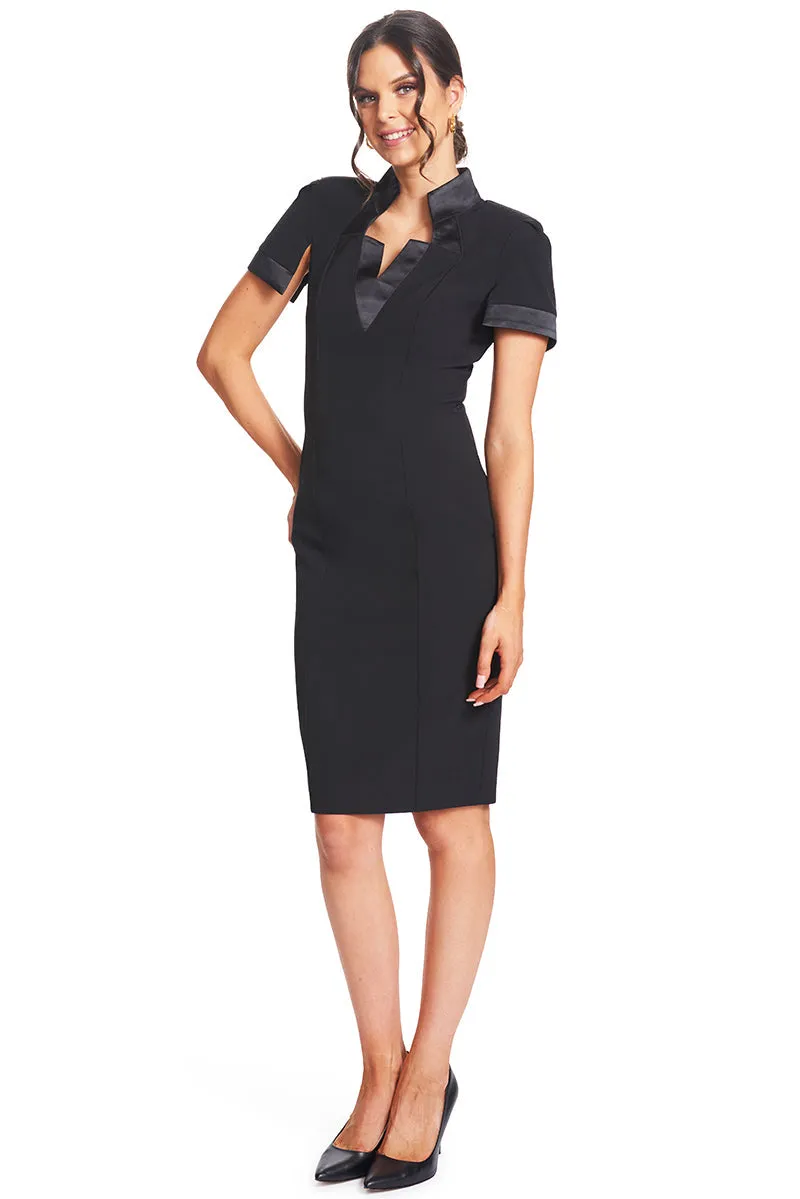 Elegant Notch Neck Midi Sheath Dress with Satin Details