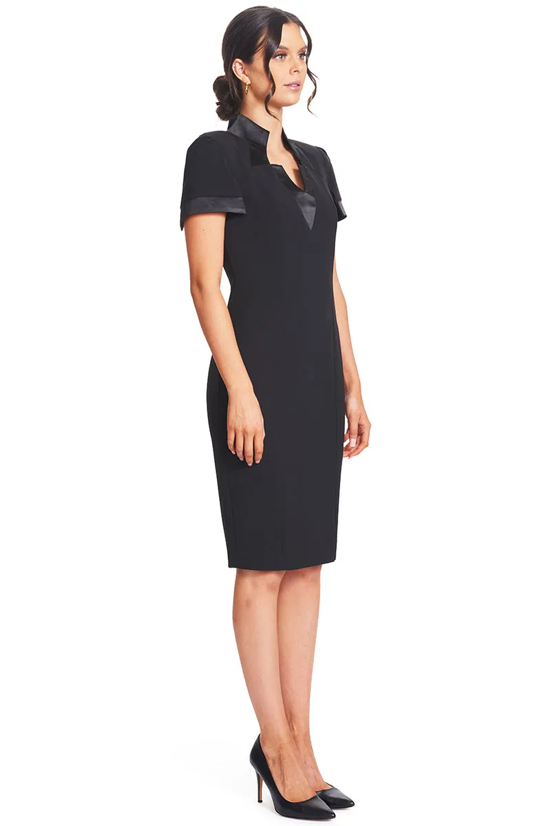 Elegant Notch Neck Midi Sheath Dress with Satin Details