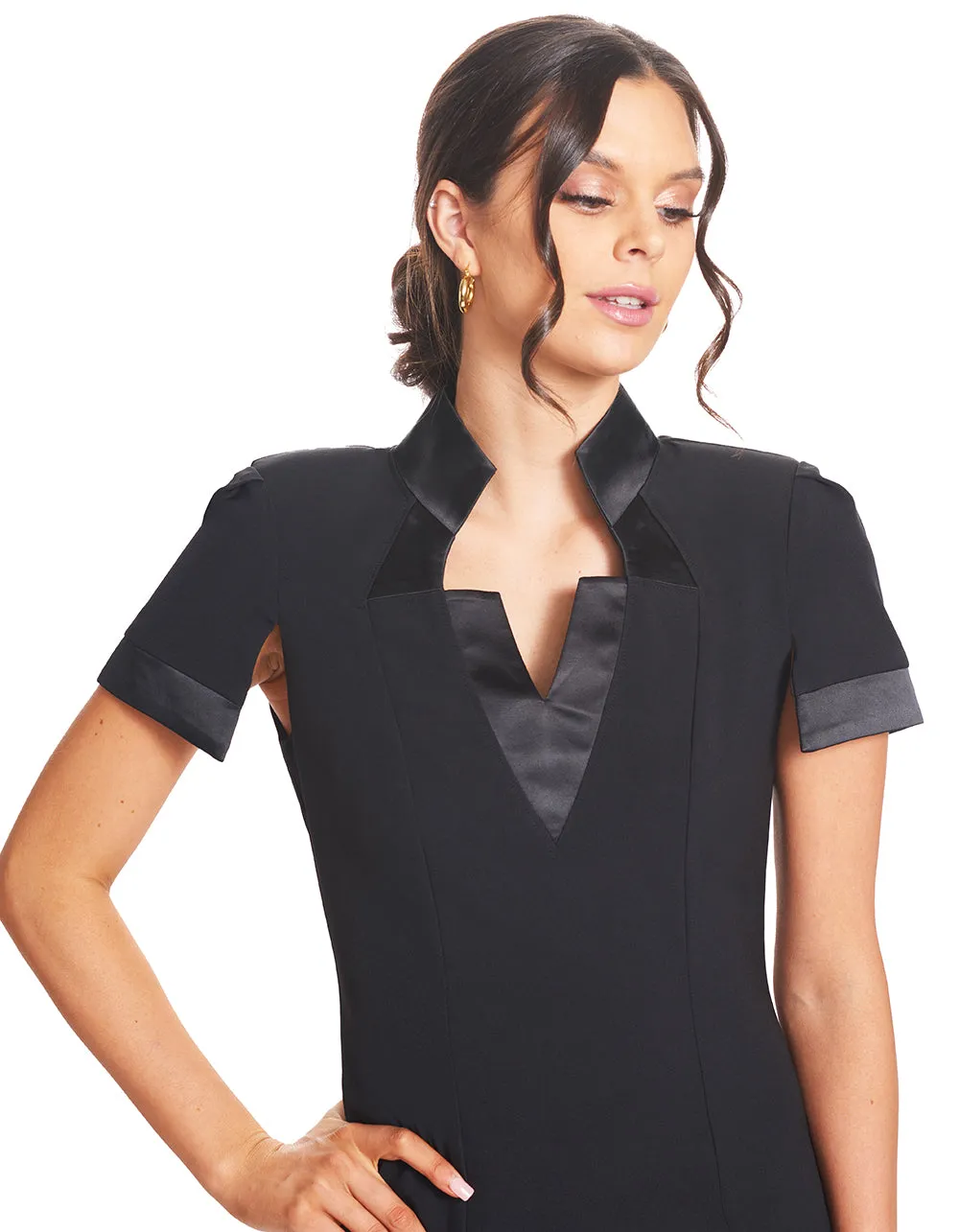 Elegant Notch Neck Midi Sheath Dress with Satin Details