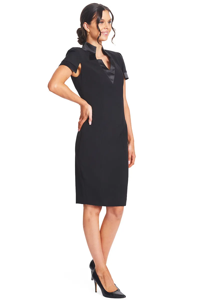 Elegant Notch Neck Midi Sheath Dress with Satin Details