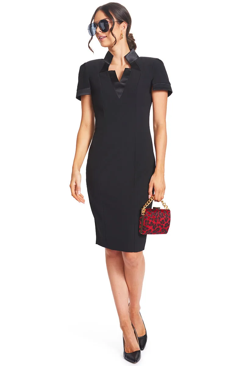 Elegant Notch Neck Midi Sheath Dress with Satin Details