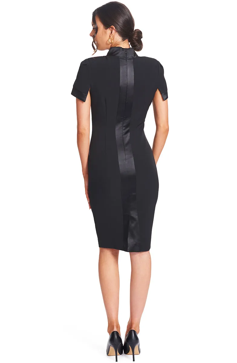 Elegant Notch Neck Midi Sheath Dress with Satin Details