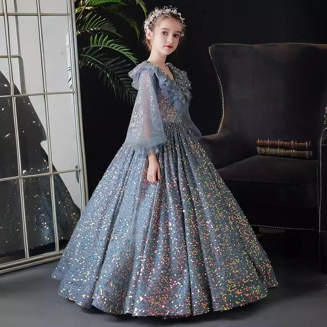Girls long sequined long sleeve princess dress fashionable luxury birthday catwalk dress