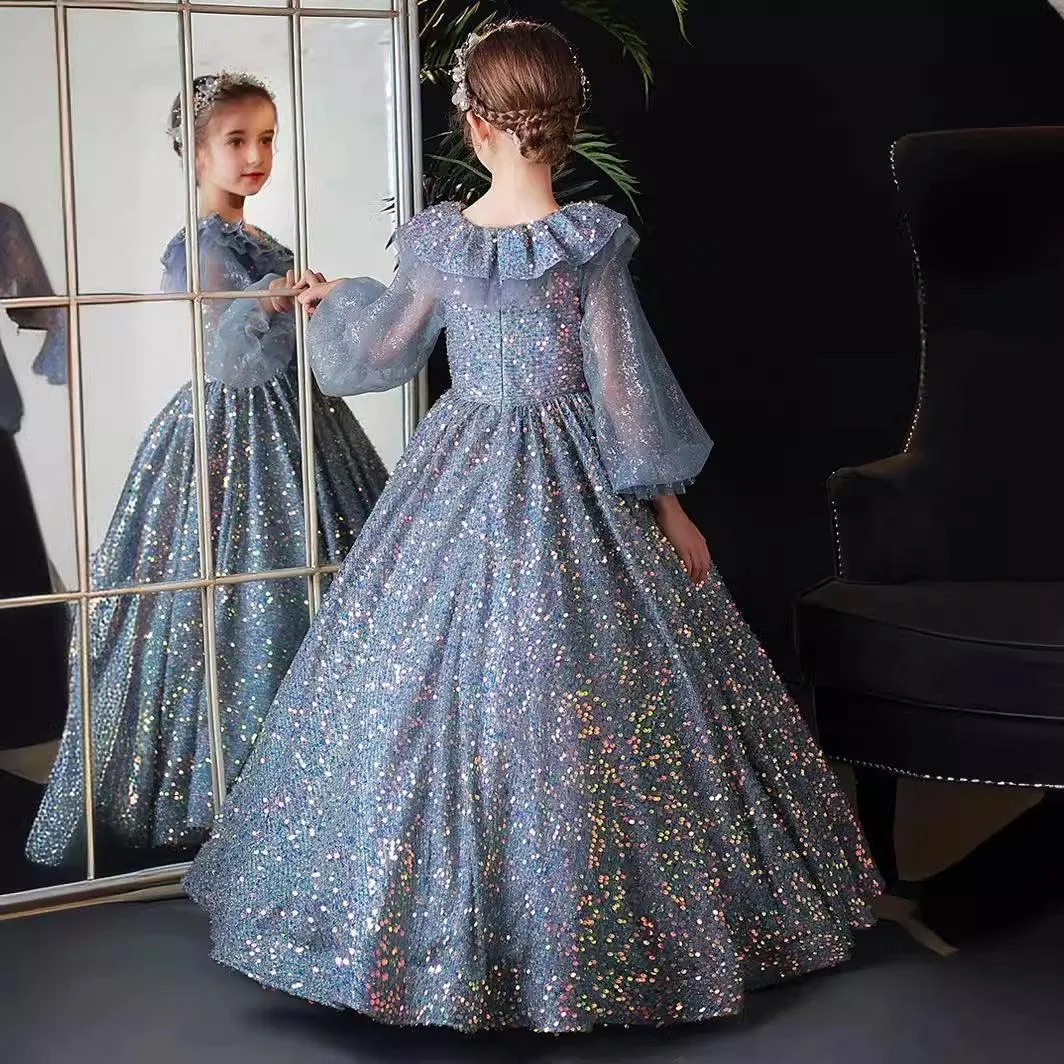 Girls long sequined long sleeve princess dress fashionable luxury birthday catwalk dress