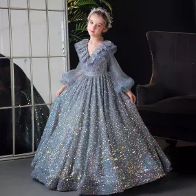 Girls long sequined long sleeve princess dress fashionable luxury birthday catwalk dress
