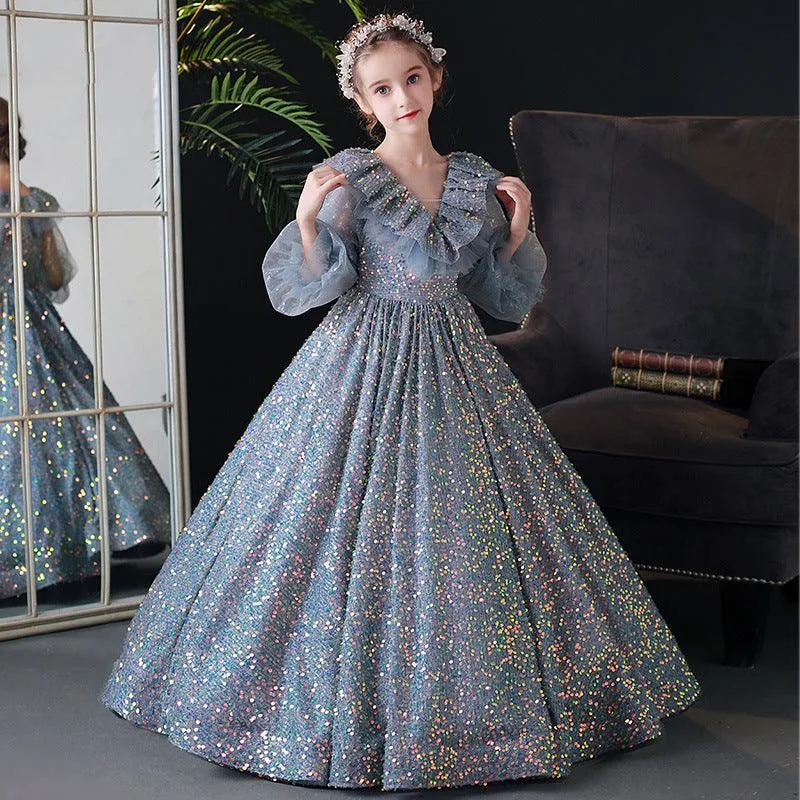 Girls long sequined long sleeve princess dress fashionable luxury birthday catwalk dress