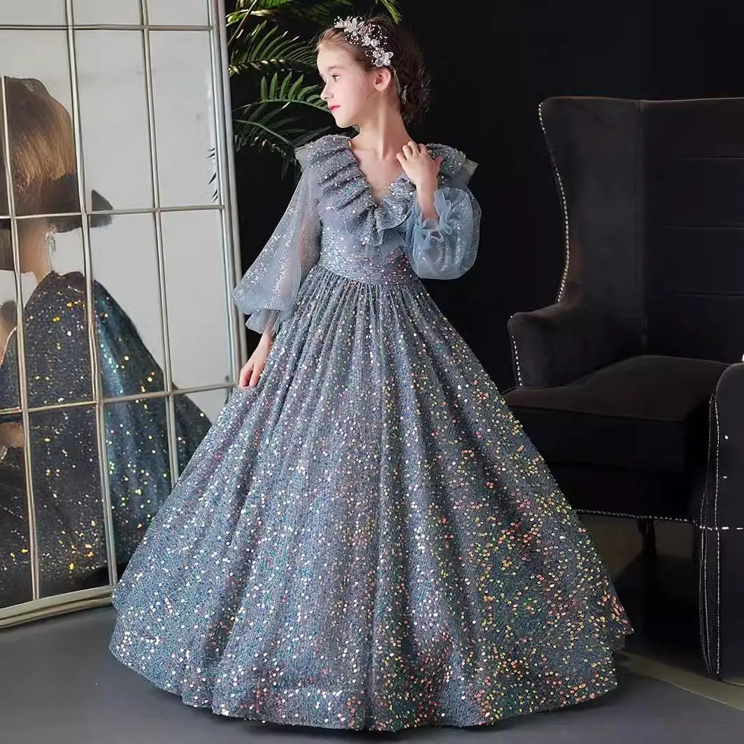 Girls long sequined long sleeve princess dress fashionable luxury birthday catwalk dress