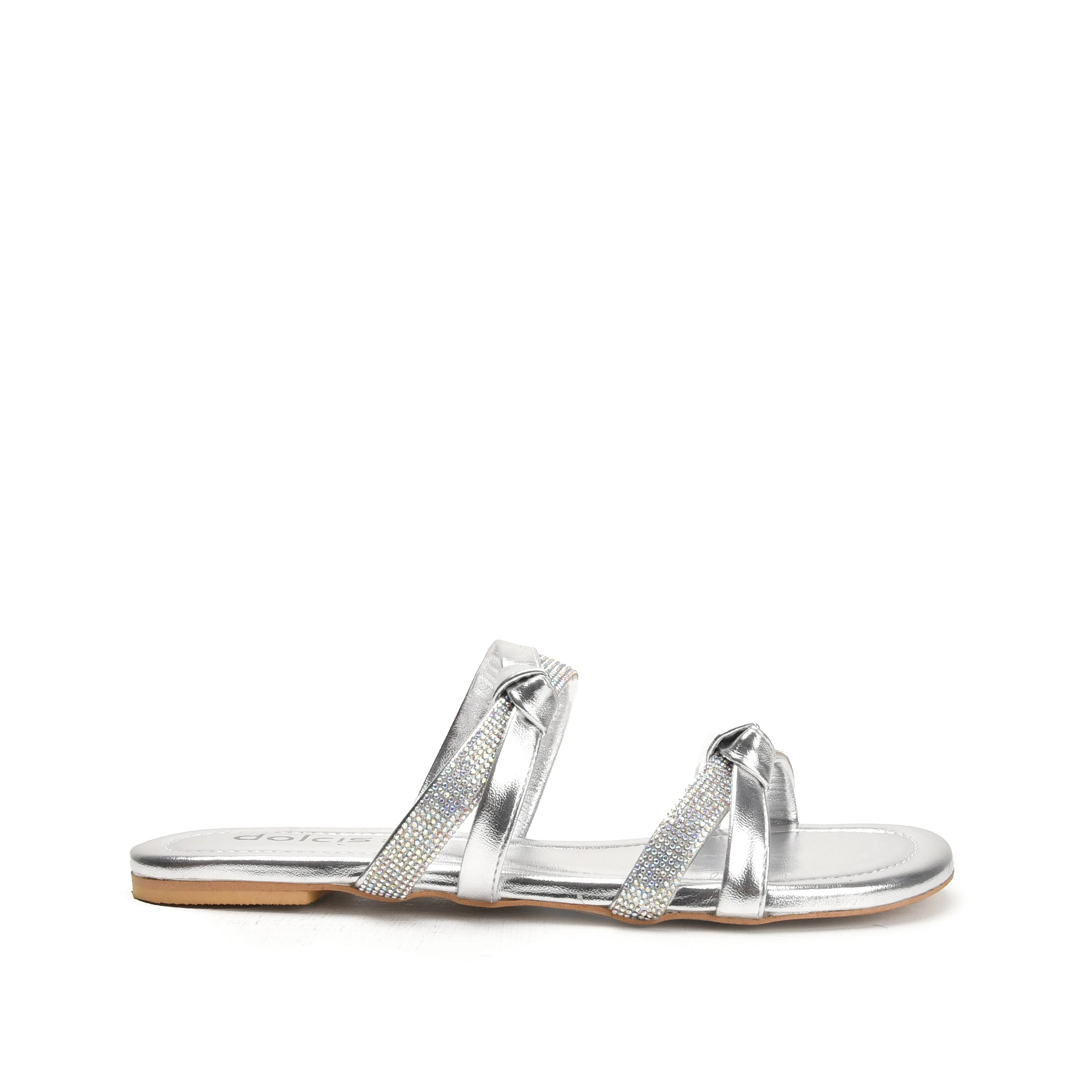 Glamorous Silver Strappy Flats | 540L-S