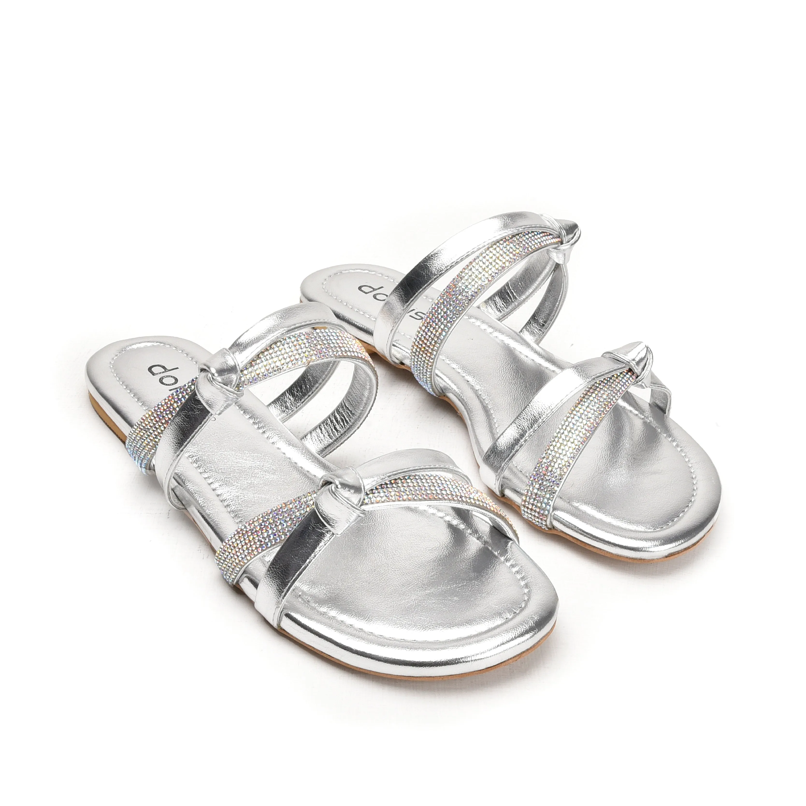 Glamorous Silver Strappy Flats | 540L-S