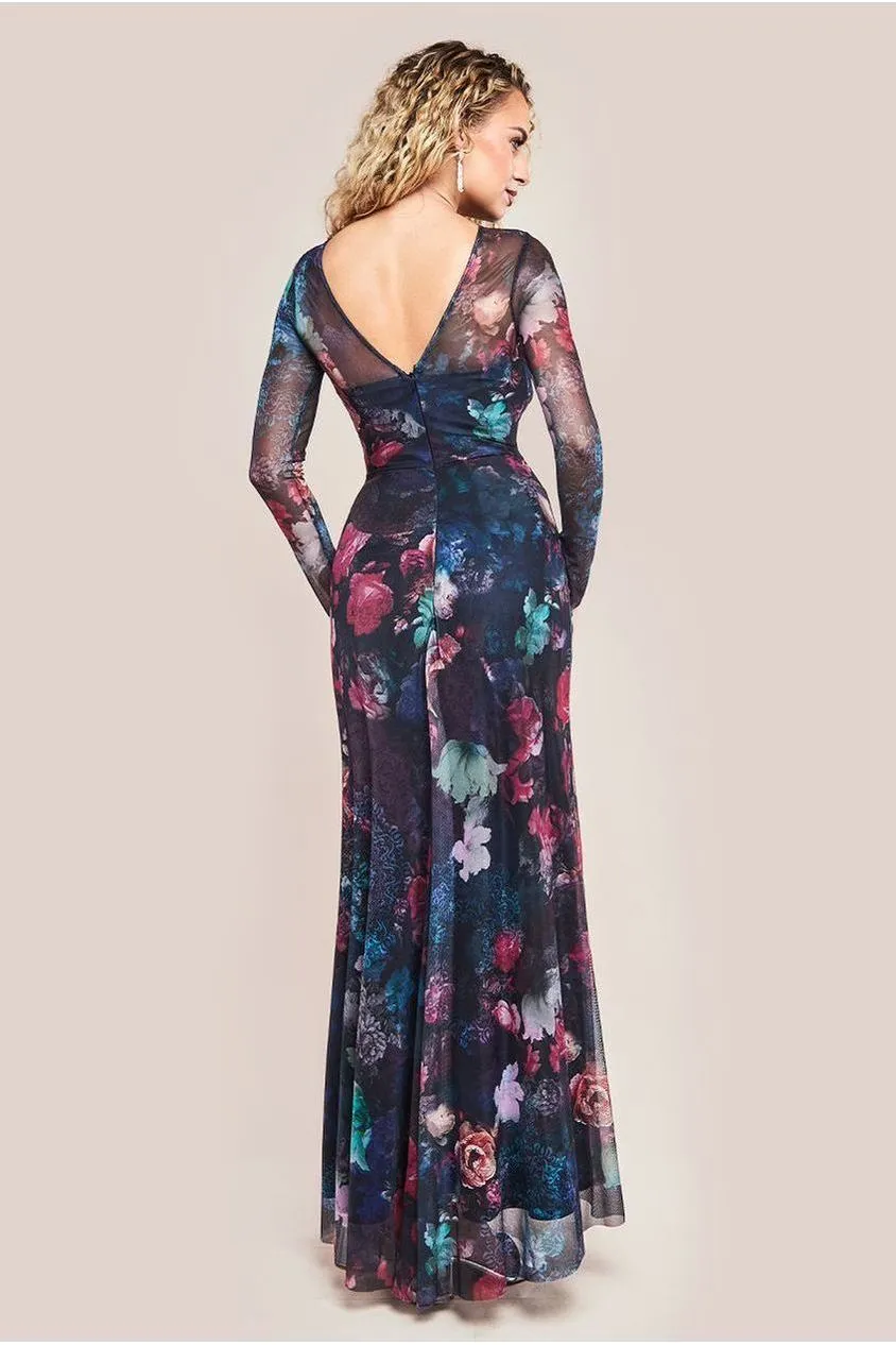 Goddiva Printed Soft Mesh A-Line Maxi Dress - Black