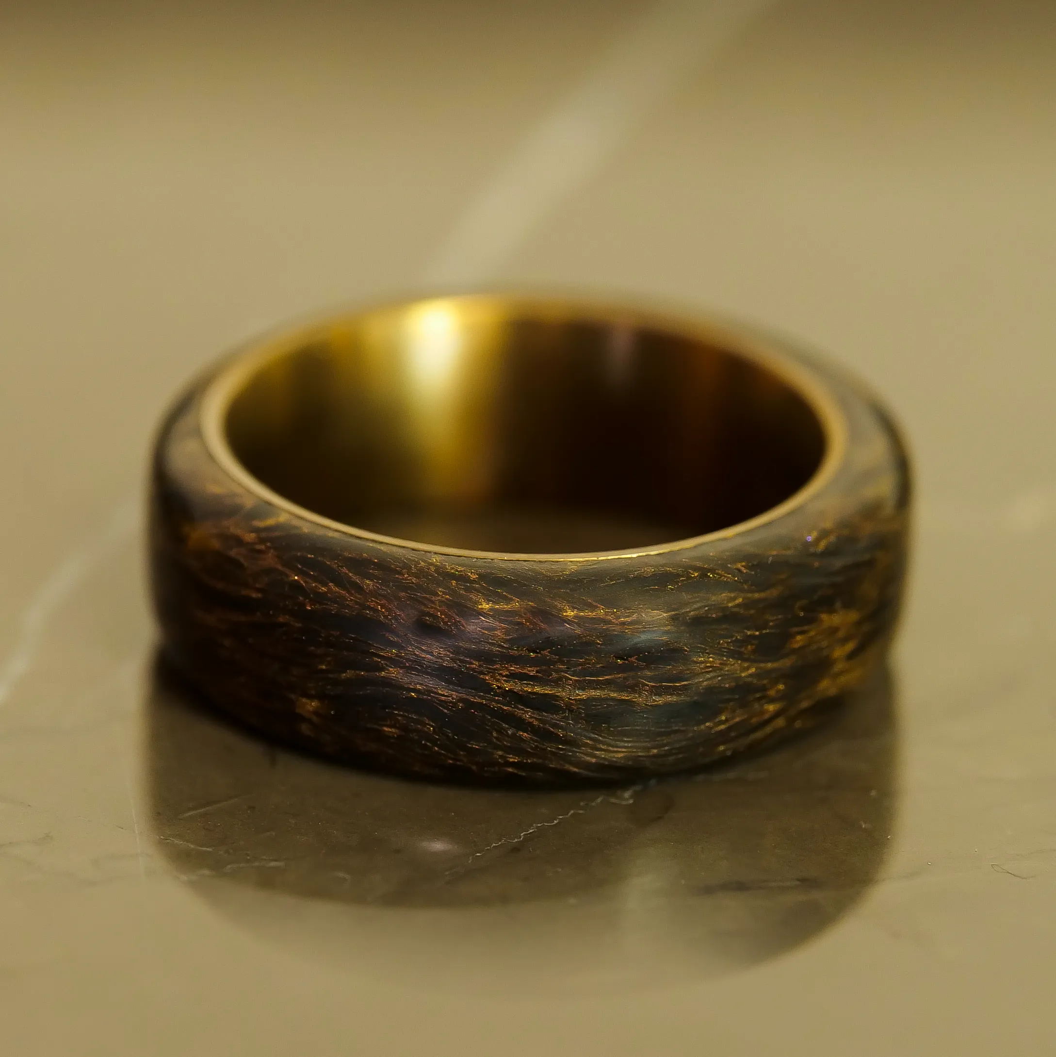 Gold Burl Carbon Fiber Ring with Bronze Titanium Liner