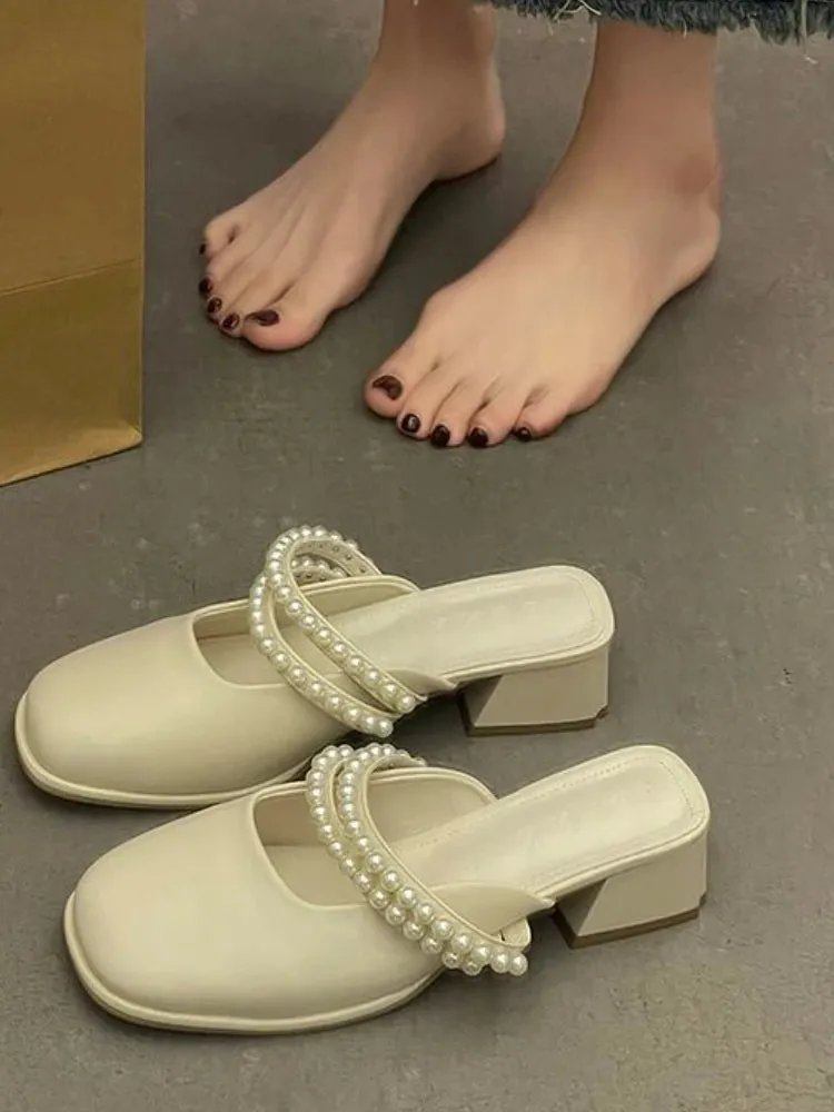 Hnzxzm Summer Korean Fashion Sandals Women Solid Causal Sweet Slip-On Shoes Ladies String Beading Square Heel Elegant Shoes New