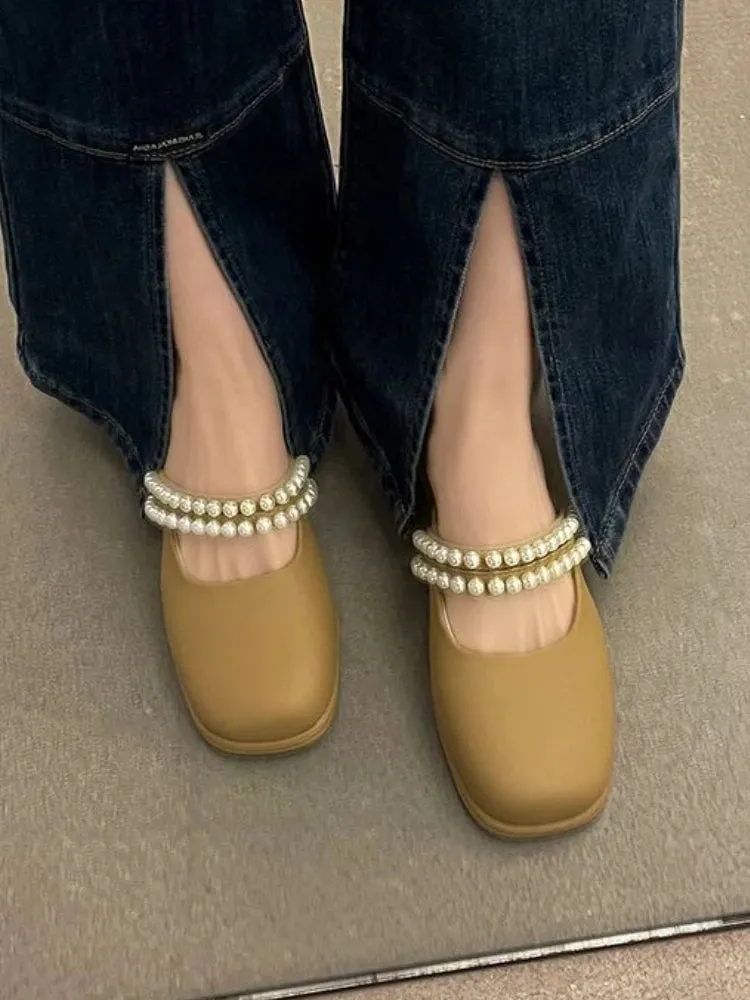 Hnzxzm Summer Korean Fashion Sandals Women Solid Causal Sweet Slip-On Shoes Ladies String Beading Square Heel Elegant Shoes New