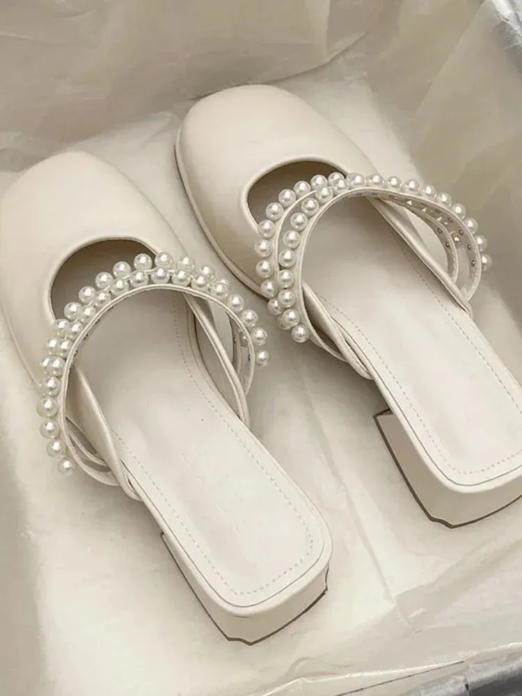 Hnzxzm Summer Korean Fashion Sandals Women Solid Causal Sweet Slip-On Shoes Ladies String Beading Square Heel Elegant Shoes New