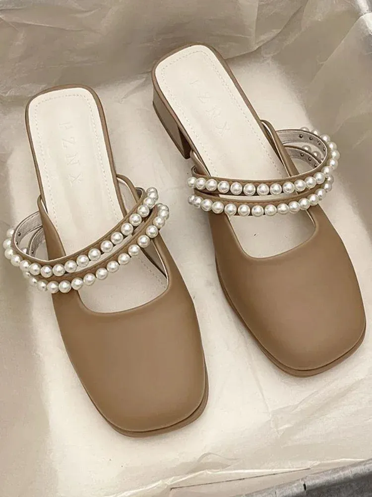 Hnzxzm Summer Korean Fashion Sandals Women Solid Causal Sweet Slip-On Shoes Ladies String Beading Square Heel Elegant Shoes New