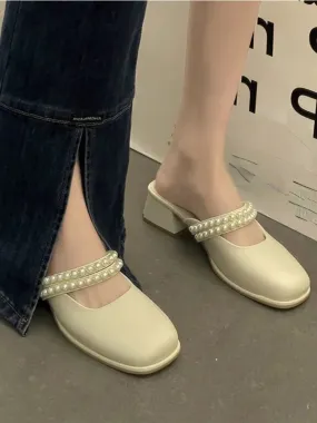 Hnzxzm Summer Korean Fashion Sandals Women Solid Causal Sweet Slip-On Shoes Ladies String Beading Square Heel Elegant Shoes New