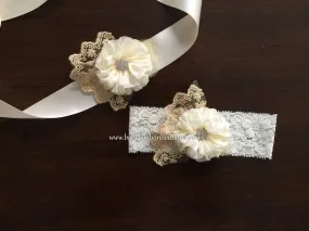 Ivory & Gold Baby Headband, Sash, and Barefoot Sandals