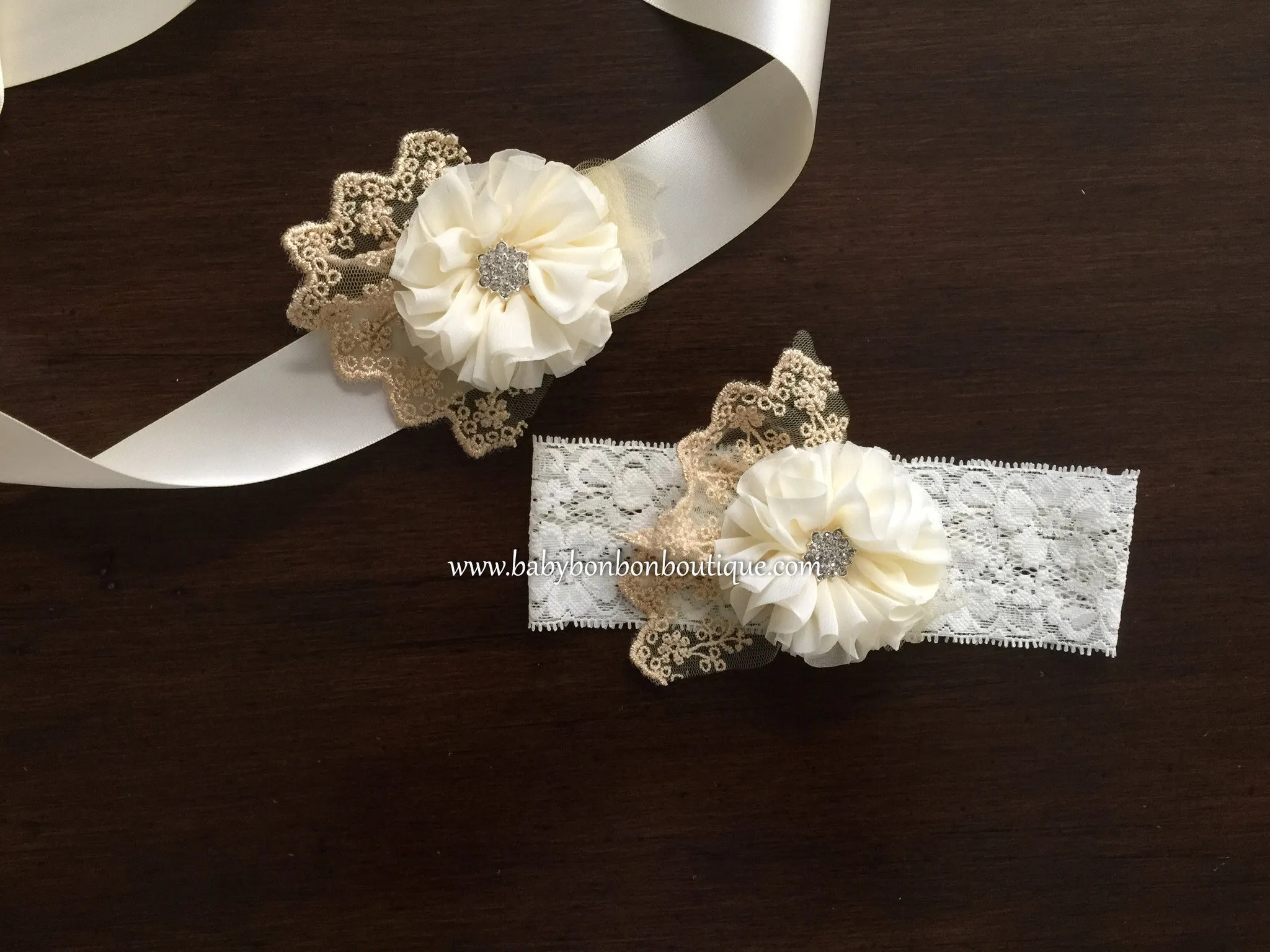 Ivory & Gold Baby Headband, Sash, and Barefoot Sandals
