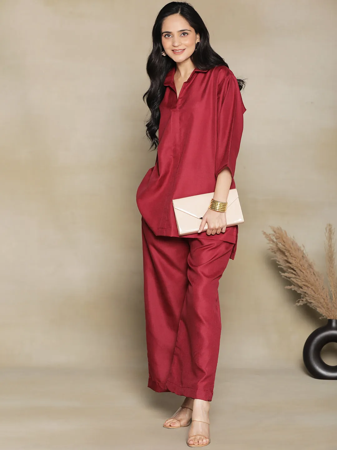 Maroon CottonSlub ShirtTop & Palazzo